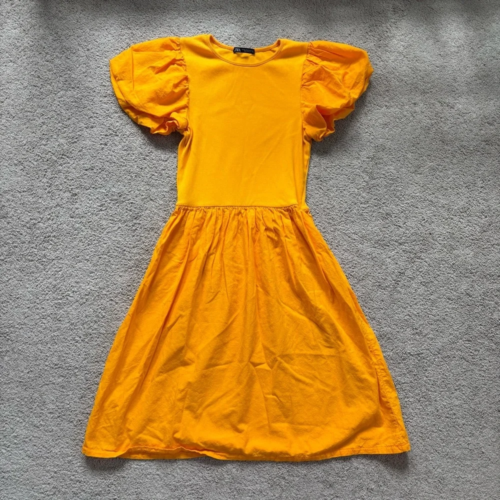 ZARA Vibrant Orange Puff Sleeve Multi-media Combination Knee Length Dress M - Picture 2 of 9